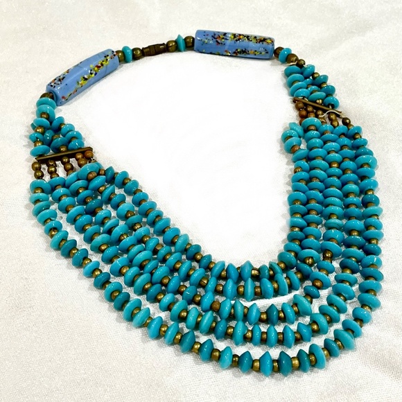 Vintage Turquoise Art Glass Bead Bohemian Necklace Multi Strand Retro Chic - Picture 4 of 7